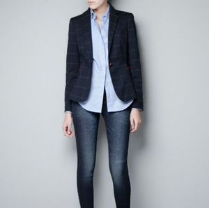 Zara Checked Wool Navy Blazer
